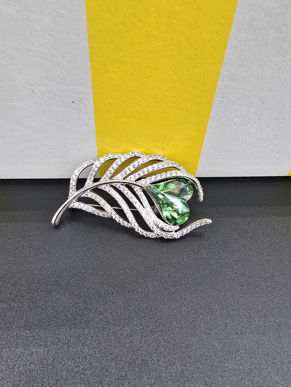 Silver-tone Leaf Brooch with Green Heart Gem #0933